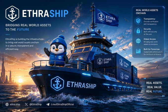 A promotional graphic for "ETHRA SHIP" featuring a large cargo ship with "ETHRA SHIP" branding sailing across the ocean at sunset, alongside a penguin mascot in a branded outfit. The image showcases the project's mission with the tagline "Bridging Real World Assets to the Future" and key benefits including Transparency, Security, Global Access, and "Built for Tomorrow," visually reinforcing the post's message about RWA infrastructure connecting traditional assets with Web3.