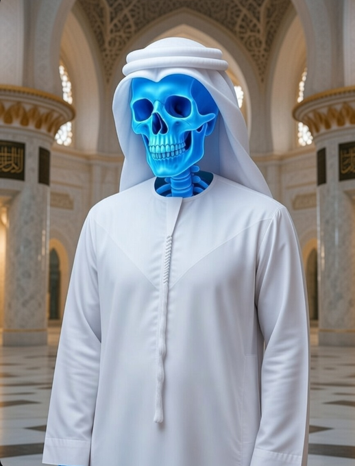 A striking image of a figure in a white Middle Eastern-style robe and headscarf (ghutra) with an exposed blue skeletal face and neck, standing inside an ornately decorated mosque with arched architecture.