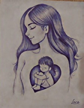 A delicate pencil sketch portrait of a woman with closed eyes and long flowing hair, with a small child drawn within a heart shape on her chest, signed 'Lara'.