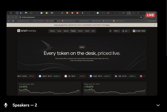 Screenshot of a live stream on brief.money showing a crypto token dashboard with the headline "Every token on the desk, priced live" and tokens like WETH, OKETH, UNI, AAVE, and ARB displayed with price changes.