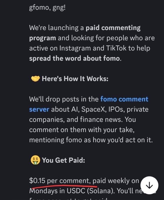 A screenshot from the 'gfomo' server announces a paid commenting program, paying $0.15 per comment weekly in USDC (Solana) for posting about AI, SpaceX, IPOs, private companies, and finance news.