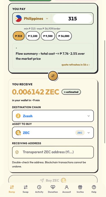 A screenshot of a cryptocurrency exchange interface showing a transaction where the user pays 315 PHP (Philippines) and receives approximately 0.006142 ZEC (Zcash), with options for 'Swap,' 'Activity,' 'Donation,' 'Account,' 'Invites,' and 'Help' at the bottom.