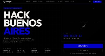 A dark website header for 'Midnight' promotes 'HACK BUENOS AIRES' with an 'APPLY NOW >' button and event details referencing Buenos Aires, Argentina.