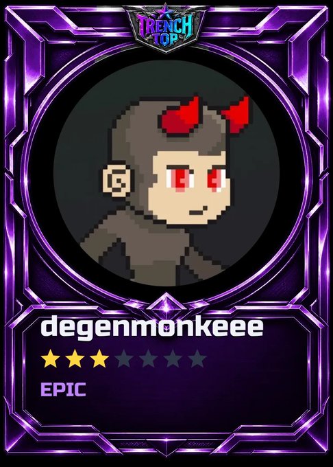 A pixel art character card displays a brown monkey-like creature with red devil horns and red eyes on a purple ornate frame. The text reads 'FRENCH TOP', 'degenmonkeee', and 'EPIC' with three gold stars.
