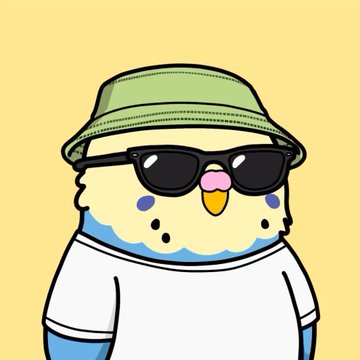 A cartoon illustration of a round, fluffy cream-colored character wearing a green bucket hat, black sunglasses, and a white t-shirt against a pale yellow background.