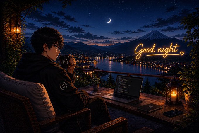 An anime-style illustration of a person drinking from a mug while sitting at a laptop on a balcony at night, overlooking a lit city by a lake and mountains, with 'Good night' written in neon yellow script.
