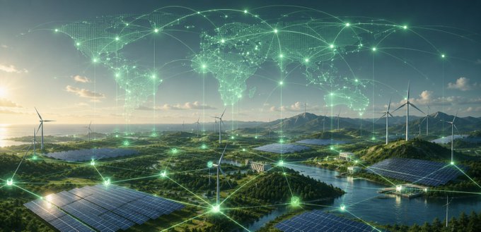 An illustration of a green, eco-friendly landscape featuring wind turbines, solar panels, rivers, and mountains, overlaid with a glowing digital network map of the world.