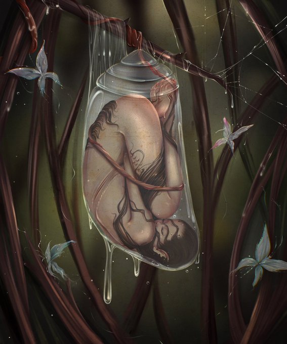 A dark fantasy illustration showing a curled, sleeping figure suspended inside a transparent, dripping pod or cocoon, surrounded by thorny vines and pale butterflies.