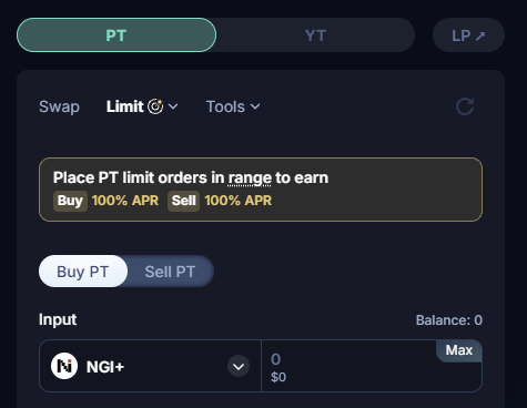 A Pendle Finance trading interface for placing PT limit orders to earn 100% APR, showing a Buy PT option for NGI+ token.