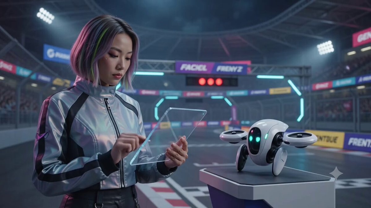 A woman wearing a futuristic-looking coat stands next to an object shaped like a drone, likely preparing to break a ceiling with a clawpump. The scene seems to be set at a large stadium where Agentic Ceiling Trade has taken place, featuring several people and signs in the background. The image also includes text that reads "BREAK THE AGENTIC Ceiling WITH Clawpump", possibly indicating an upcoming event or competition involving Agentics.