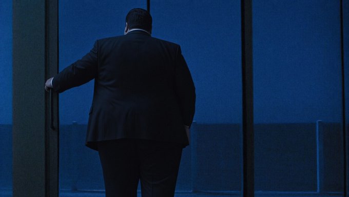 A man in a dark suit stands with his back to the camera, facing a large blue-lit window or screen in a dimly lit setting.