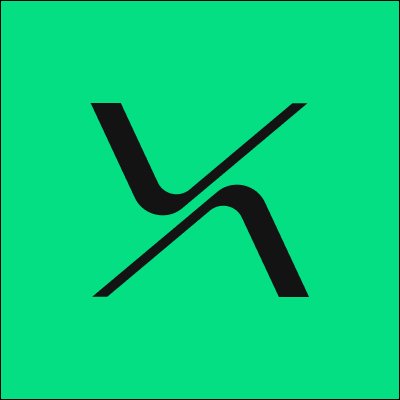 A black stylized "X" logo on a bright green square background.
