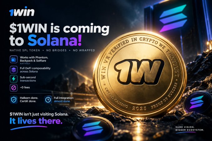 A promotional graphic announces '$1WIN is coming to Solana!' showing a large gold '$1W' coin and text highlighting features like 'NATIVE SPL TOKEN', 'Works with Phantom, Backpack & Solflare', and '~0 fees'.