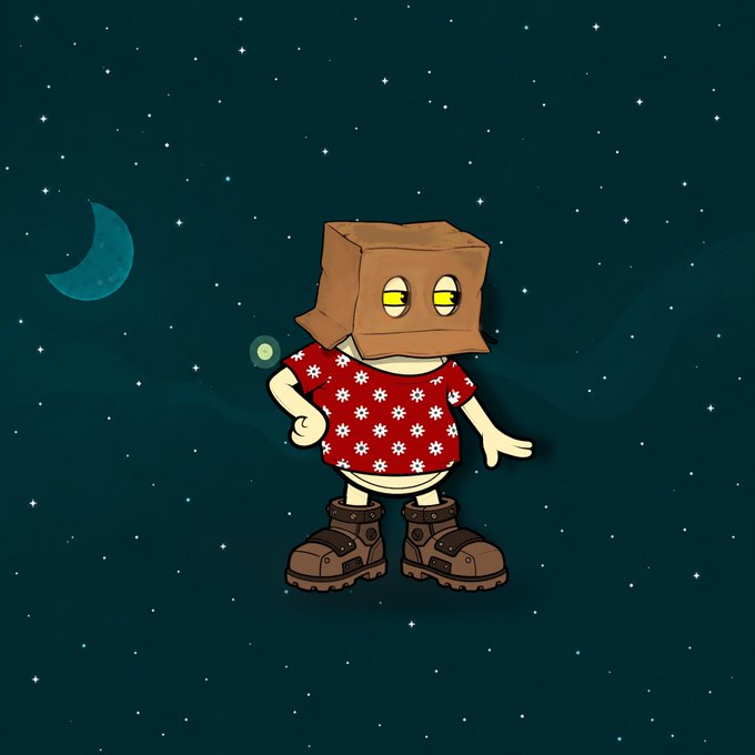 The image features a cartoon character wearing a red shirt with white flowers, standing against a dark blue background that resembles outer space. The character has brown shoes and appears to be holding a brown paper bag or box over their head. The caption of the image reads "Hey @Tma_420, here your 1/1 piece in KidneyZ collection Thanks to your all amazing contributions in this space We are happy to secure All @FunkariNft holders their First class phase mint All @FunkariNft holders can mint KidneyZ this weekend smoothly Mention @Tma_420".