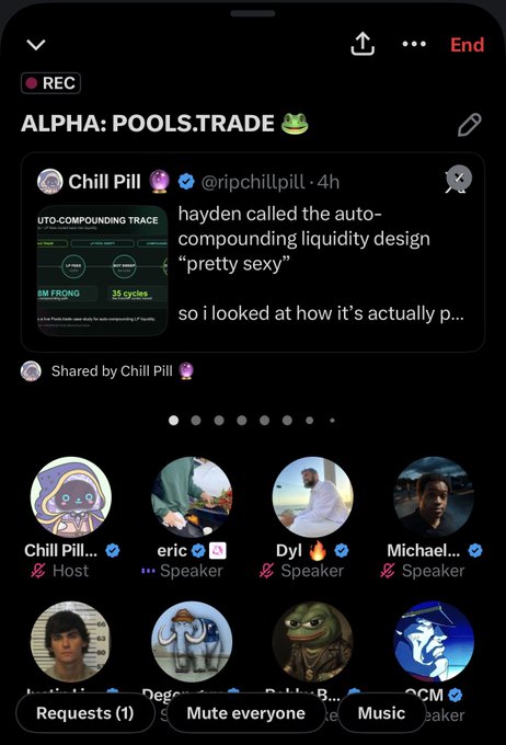 A Twitter Spaces recording titled 'ALPHA: POOLS.TRADE' featuring speakers Chill Pill, eric, Dyl, and Michael discussing auto-compounding liquidity design.