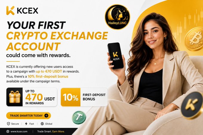A promotional advertisement for "KCEX" crypto exchange featuring a woman holding a smartphone with the app, offering new users up to 470 USDT in rewards and a 10% first-deposit bonus.