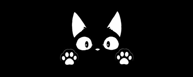 A minimalist black and white graphic depicting a cat peeking over an edge with only its eyes, ears, and two paws visible.