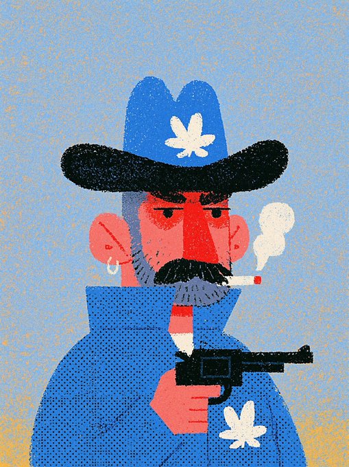 A stylized illustration of a cowboy with a thick mustache, wearing a blue hat with a white leaf design, smoking a cigarette and holding a revolver.