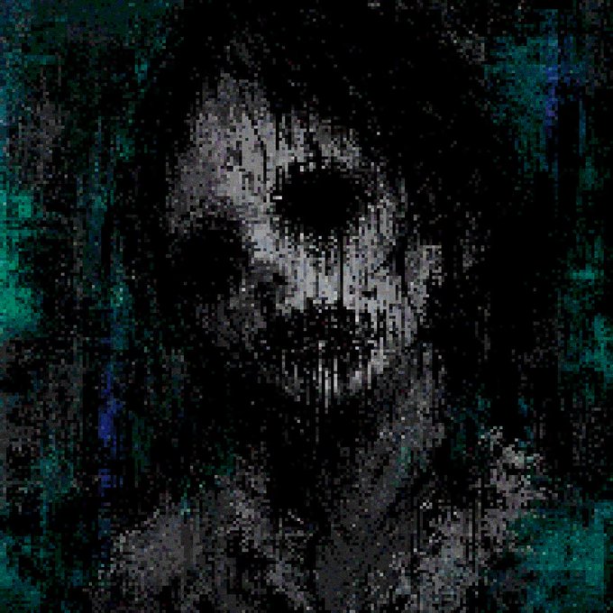 A dark, pixelated, horror-themed artwork featuring a ghostly, distorted skull-like face emerging from a shadowy background with green and black tones.