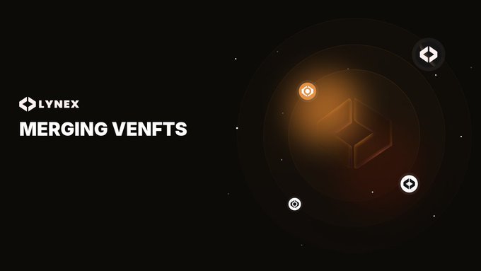 A dark-themed graphic with the "LYNEX" logo and "MERGING VENFTS" text alongside a glowing 3D cube illustration with directional arrows, visually representing the consolidation of multiple veLYNX NFT positions into a single veNFT as described in the accompanying post.
