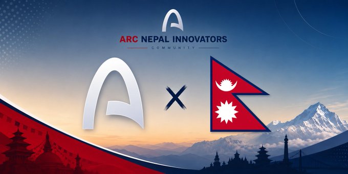 Promotional graphic for "ARC NEPAL INNOVATORS COMMUNITY" featuring logos for Arc and the flag of Nepal against a backdrop of mountains and temples.
