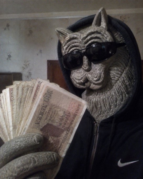 A person wearing a stone-textured cat mask and sunglasses holds a fan of 100,000 denomination banknotes in a Nike hoodie, projecting a "whale" meme persona that ties into the post's boast about their "Catfolio" portfolio heading toward a new all-time high.
