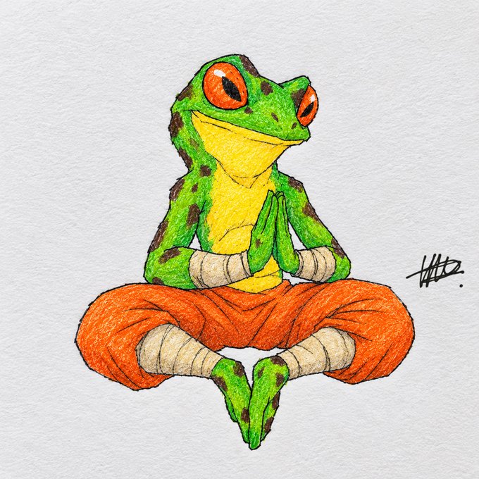 A colored pencil drawing of a green frog with red eyes wearing orange pants and bandages, sitting in a meditation pose with its hands together, signed "HHE".