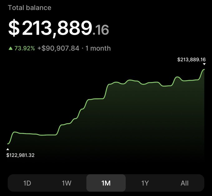 A financial app displays a total balance of $213,889.16, showing a 73.92% gain (+$90,907.84) over 1 month on a green line chart.