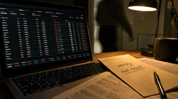 A dimly lit desk scene showing a laptop displaying financial data alongside a notepad with the handwritten phrase 'Verify, not trust' and a pen.