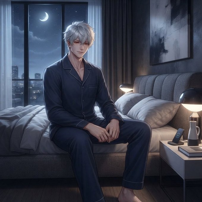 An anime-style illustration of a white-haired young man in dark blue pajamas sitting on a bed in a modern bedroom at night, with a crescent moon visible through the window.