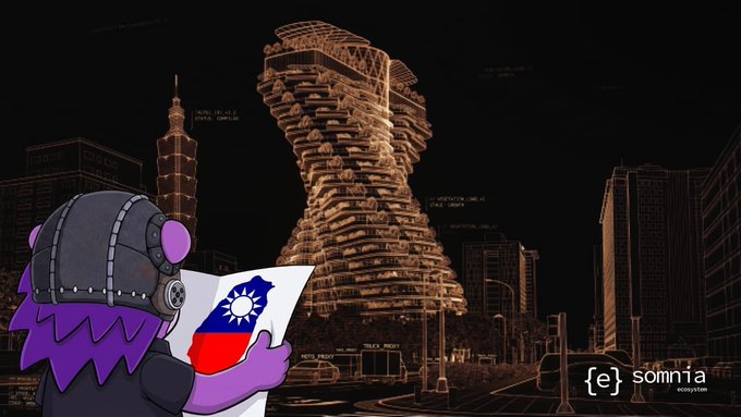 A purple cartoon character holds a map of Taiwan, gazing at a night skyline that features the Taipei 101 tower and a massive, twisted skyscraper labeled "Hong Kong Harbour" and "Shenzhen Harbour."