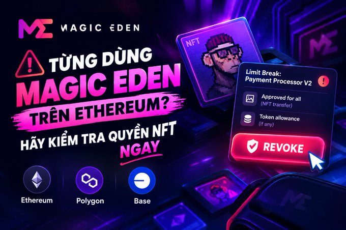 A promotional graphic with Vietnamese text warning users about Magic Eden on Ethereum, asking them to check their NFT permissions. It shows 'TỪNG DÙNG MAGIC EDEN TRÊN ETHEREUM? HÃY KIỂM TRA QUYỀN NFT NGAY' with a 'REVOKE' button and logos for Ethereum, Polygon, and Base.