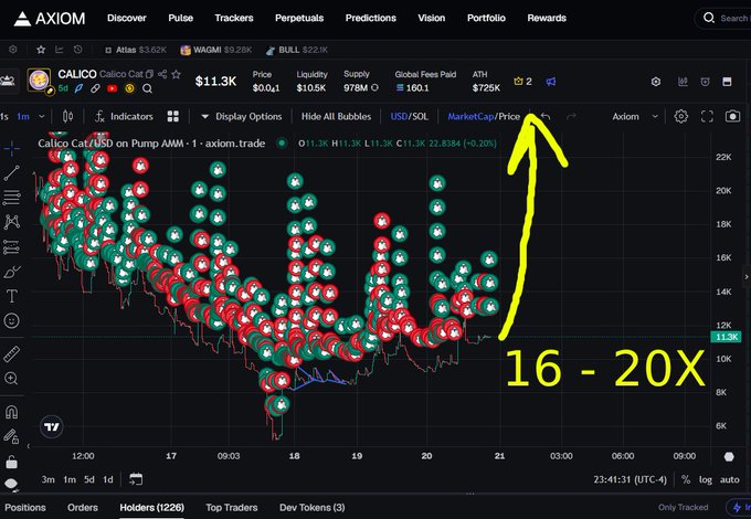 Axiom trading chart interface for Calico Cat on the Pump AWM pair, showing a price of $11.3K with a yellow arrow pointing to the Market Cap/Price axis and text '16 - 20X' overlaid.
