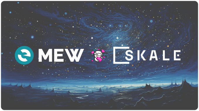 A graphic displays the logos for 'MEW' and 'SKALE' against a cosmic, starry night sky background with a dark, mountainous landscape silhouette.