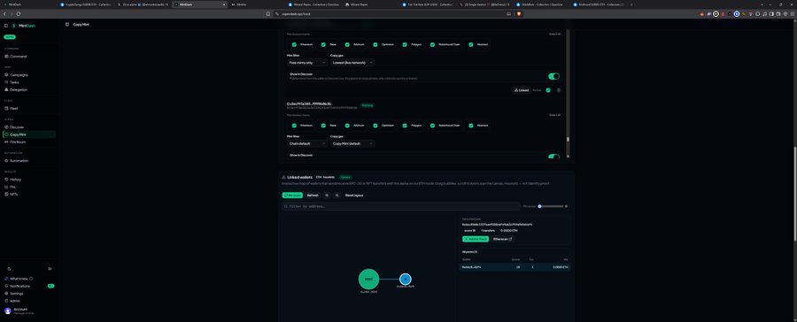 A screenshot of a MintDash dashboard showing the CopyMint interface, which displays "Linked wallets" with 576 records for a tracked wallet, along with a visualization showing connections between the "main wallet" and a "CopyMint2 wallet."