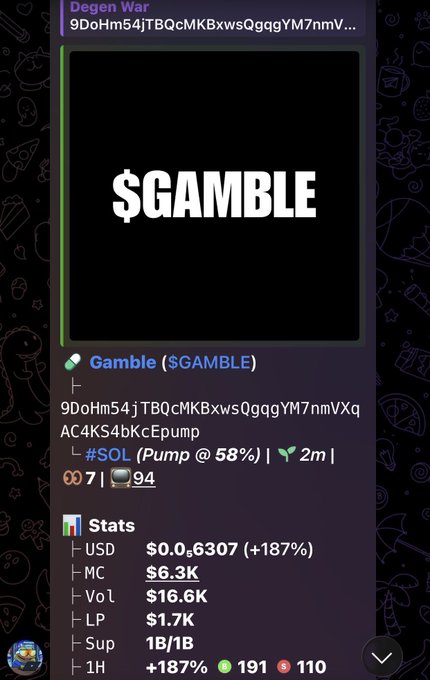 The image shows a screen with text that says "$ Gamble" in white letters, indicating a gaming-related activity or event. The details provided about this activity include its name, cost, and the platform used for playing (social media or website).