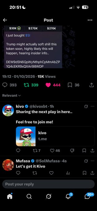 A Twitter/X post from January 10, 2026 reads 'I just bought $SI', with the poster claiming 'Trump might actually soft shill this token soon, highly likely this will happen, hearing insider info,' followed by a Solana contract address.