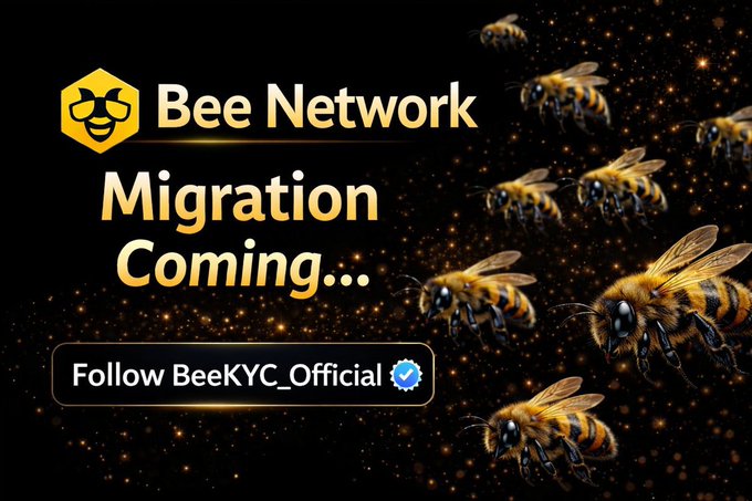 A promotional graphic for 'Bee Network Migration Coming...' with images of bees and a prompt to 'Follow BeeKYC_Official'.