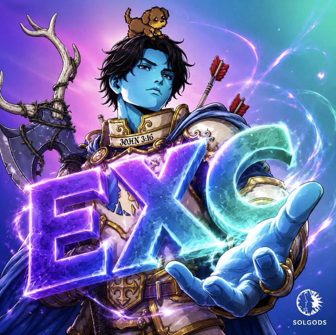 The image features a blue-skinned fantasy character with a small dog on their head holding glowing purple and blue letters spelling "EXC", with "JOHN 3:16" written on their chest and the "SOLGODS" logo in the bottom right corner.