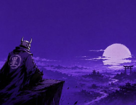 A stylized purple-toned digital illustration of a horned samurai figure wearing a cloak with the Japanese kanji 黒 (black), sitting on a cliff overlooking a misty landscape with a large moon and a torii gate.
