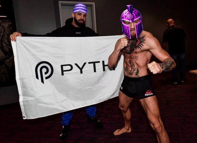 Two men pose together holding a white flag with the "PYTH" logo and Pyth Network's distinctive emblem, with the fighter on the right wearing a purple Spartan-style helmet and Reebok shorts while the other wears a matching purple headwrap, visually embodying the "bullish" sentiment expressed in the post about awaiting the June 30th event for @PythNetwork.