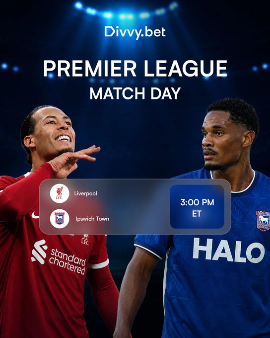 Promotional graphic for a Premier League Match Day from Divvy.bet showing Liverpool vs Ipswich Town at 3:00 PM ET, featuring two players in their respective team kits.