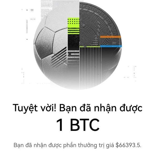 A graphic showing a Bitcoin/cryptocurrency award with Vietnamese text reading 'Tuyệt vời! Bạn đã nhận được 1 BTC' (Excellent! You have received 1 BTC) and a prize value of $66,393.5.