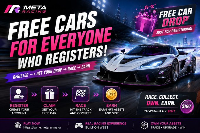 Promotional banner for Meta Racing advertising 'FREE CARS FOR EVERYONE WHO REGISTERS!' with a workflow of Register → Claim → Race → Earn, powered by $IGT token.