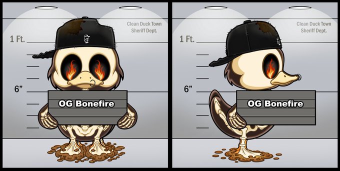 A cartoon-style mugshot showing front and side views of a duck character with flaming eyes, wearing a backwards cap, labeled 'Clean Duck Town Sheriff Dept.' and 'OG Bonefire'.
