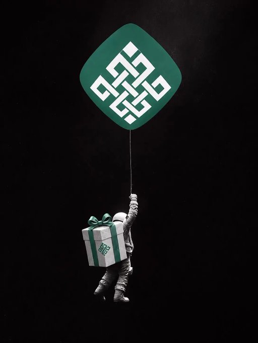 A dark, stylized image showing an astronaut holding a green and white gift box while suspended by a string attached to a large green diamond-shaped logo with a white geometric knot design.