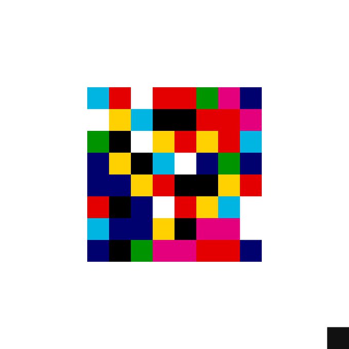 A grid of colorful squares in red, blue, yellow, green, black, white, and pink, resembling a QR code or pixel art on a white background.