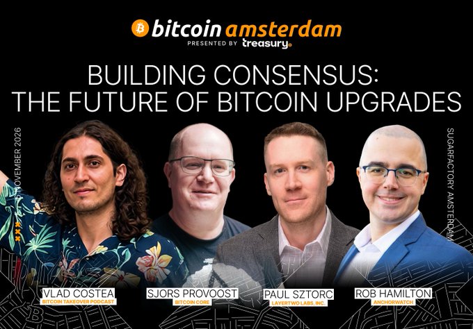 A promotional graphic for 'bitcoin amsterdam presented by treasury' titled 'BUILDING CONSENSUS: THE FUTURE OF BITCOIN UPGRADES', featuring headshots of four speakers: Vlad Costea, Sjors Provoost, Paul Sztorc, and Rob Hamilton.