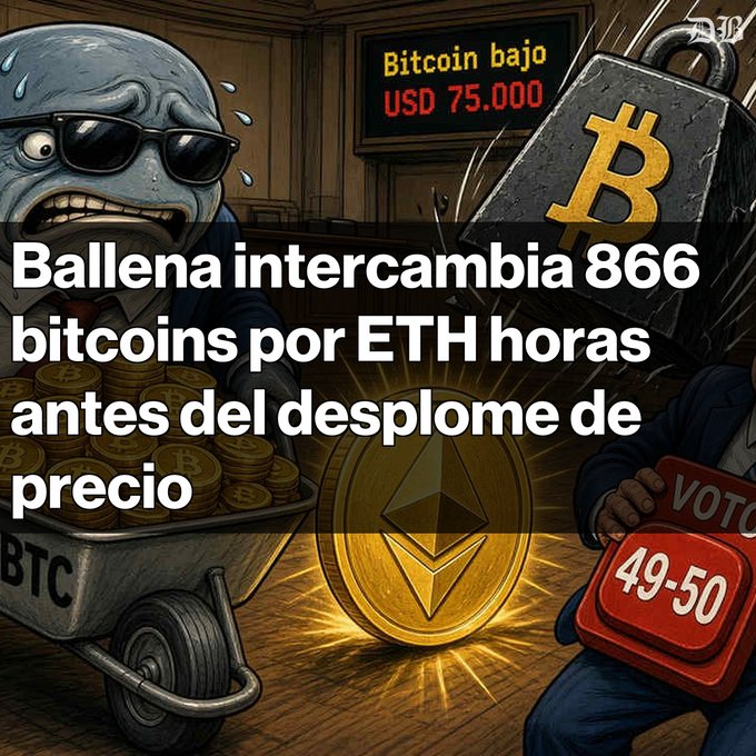 A Spanish-language crypto news thumbnail reads 'Ballena intercambia 866 bitcoins por ETH horas antes del desplome de precio' with a display showing 'Bitcoin bajo USD 75.000.'