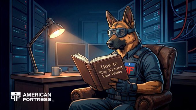 An illustration of a German Shepherd dog in tactical gear and goggles reading a book titled 'How to Stop Wearing Your Wallet' in a server room setting, with an 'AMERICAN FORTRESS' logo in the corner.